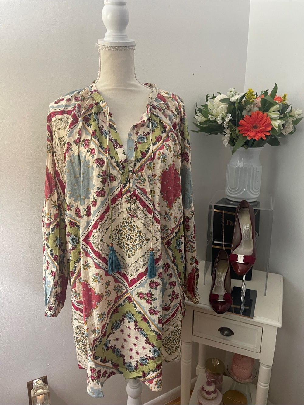 Natural Life Boho Floral Tassel Tunic Dress in Cream, Red & Blue and Fern Green